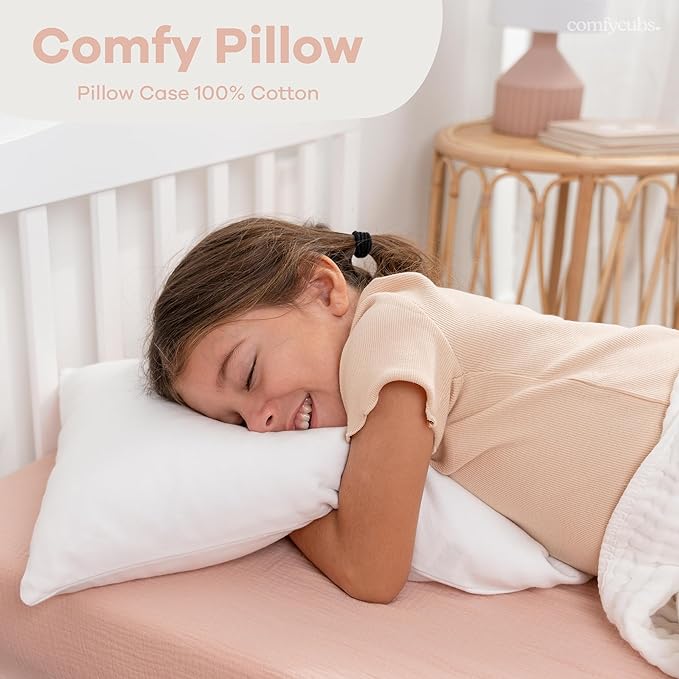 Comfy Cubs Toddler Pillow with Soft Cotton Pillowcase, 13"x18", White (2 Pack) - Kids Pillow for Sleeping & Travel - Comfortable Small Pillow - Kids Travel Pillow with Breathable Microfiber Fill