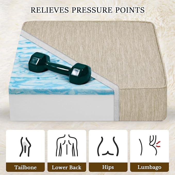 baibu 18"x 18"x 4" Dual-Layer Gel Memory Foam Chair Seat Cushion for Recliners, Couches, Armchairs, Extra Large Non-Slip Chair Cushions for Seniors, Washable, Beige