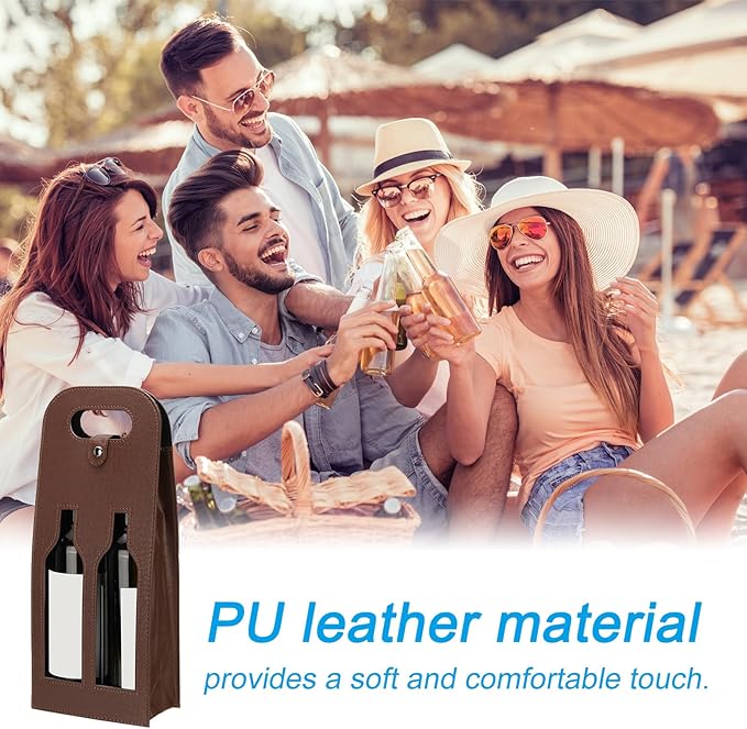 PATIKIL 2 Bottle Wine Gift Bag, Wine Bag Reusable Leather Wine Tote Carrier for Wine Bottles Portable Champagne Gift Bags for Picnic Party Wedding, Brown-2
