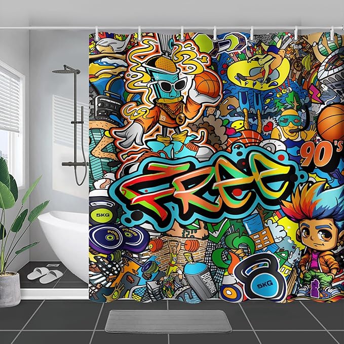 AILONEN Sport Graffiti Shower Curtain for Bathroom,Colorful Graffiti Pattern Bathroom Curtain for Kids Boys Girls,Bath Curtain 36" W*72" H Polyester Waterproof Bathroom Curtain with 12 Hooks