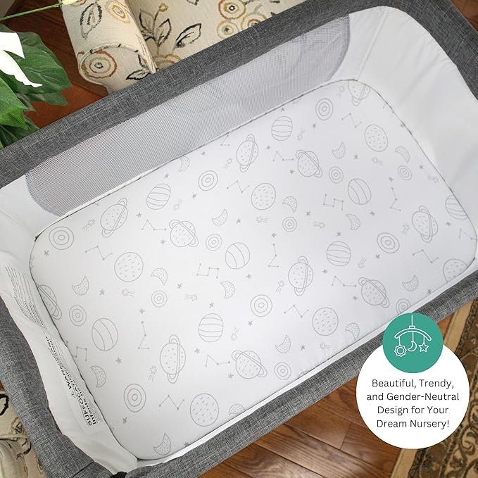 TansyPanda Bassinet Sheets for Cloud Baby, Yacul, Dream On Me Traveler, Skylar, BabyBond, Simmons, 3 Pack, 33x20 in, Ultra Soft, Breathable Snug Fit, Unisex Boys Girls, Gray White (Space Rockets)