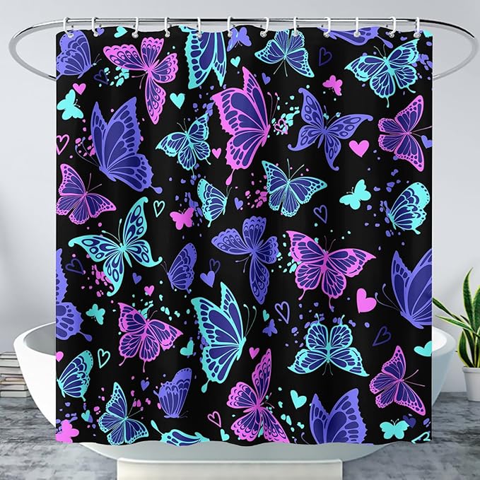 AILONEN Colorful Butterfly Shower Curtain, Butterfly Bath Curtain for Bathroom Decor,Polyester Waterproof with 12 Plastic Hooks 48" W*72" H