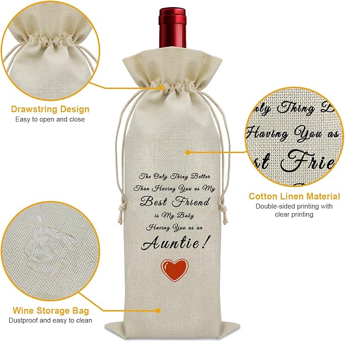 Promoted to Auntie Gifts Wine Bag Auntie Baby Announcement Gifts for Friends New Aunt Gifts First Time Wine Bottle Decoration Bag Mothers Day Gifts for New Aunt Wine Accessories Gifts for Wine Lovers