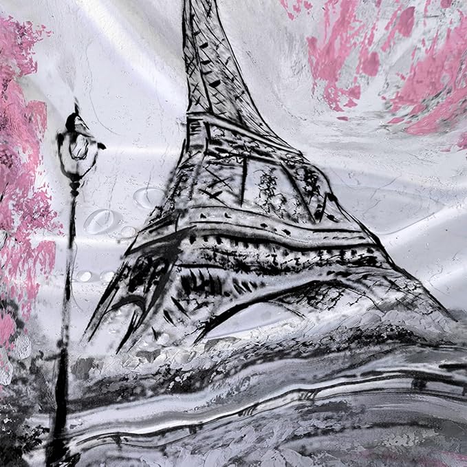 AILONEN Paris Tower Shower Curtain,Retro Gray Tower Waterproof Shower Curtain Set for Boys Kids Teens, 60" W*72" H Cherry Tree Eiffel Tower Pen Drawing Style Shower Curtains