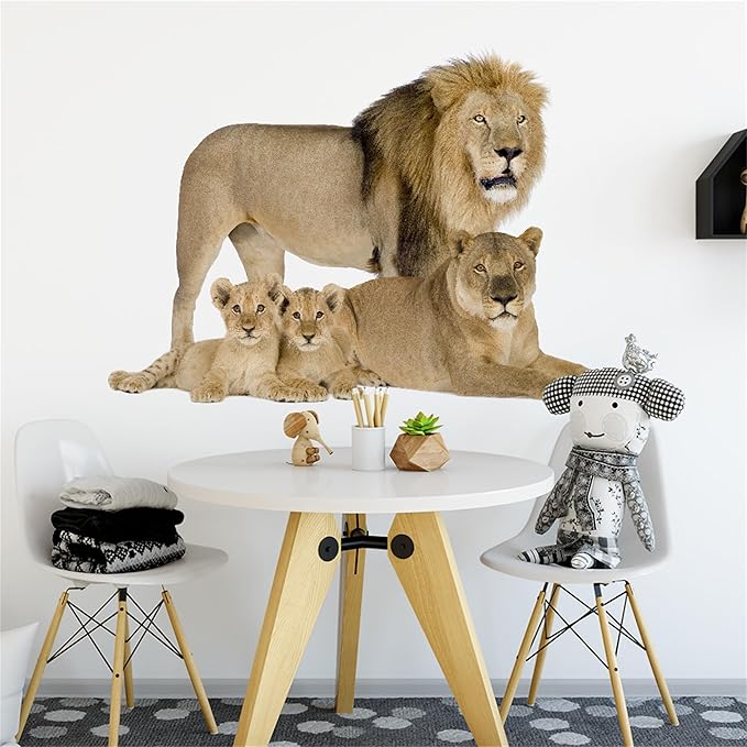 Lion Wall Decals, Vinyl Removable 3D Stickers for Bedroom Nursery Decor - Peel and Stick Cute Baby Girl Boy Toddler Kids Room Art Decoration, Woodland Forest Safari Jungle Mural Waterproof