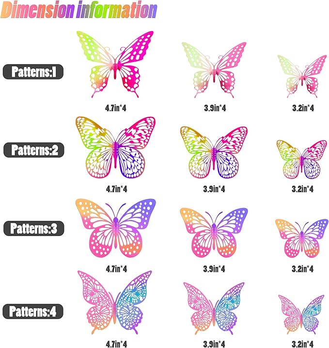 SAOROPEB 3D Butterfly Wall Decor, 48 Pcs 4 Styles 3 Sizes, Removable Metallic Wall Sticker for Kids Bedroom Nursery Classroom Party Decoration Wedding Decor DIY Gift (Laser Pinkpurple)