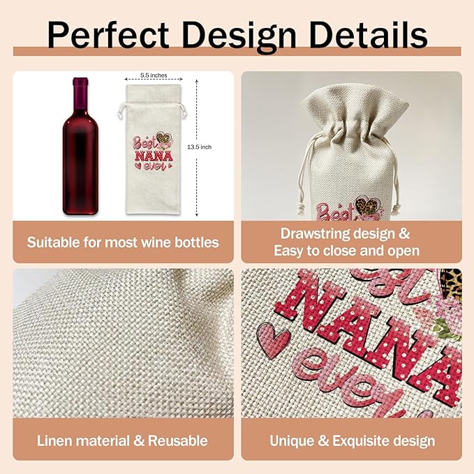 Best Nana Ever Wine Gift Bag, Grandma Gifts for Grandma from Grandchildren, Gift for Mimi Gigi Grandmother, 1pcs Reusable Burlap Wine Gift Bag for Wine Bottles, Mother's Day Holiday Party Favor -23
