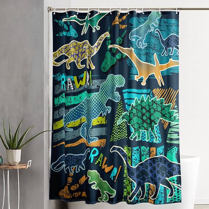 AILONEN Boys Dinosaur Shower Curtain 72" W*72" H for Bathroom,Cartoon Dinosaur Bathroom Shower for Kids Boys,Retro Blue Dinosaur Print Bath Curtain Polyester Waterproof Bathroom Curtain with 12 Hooks
