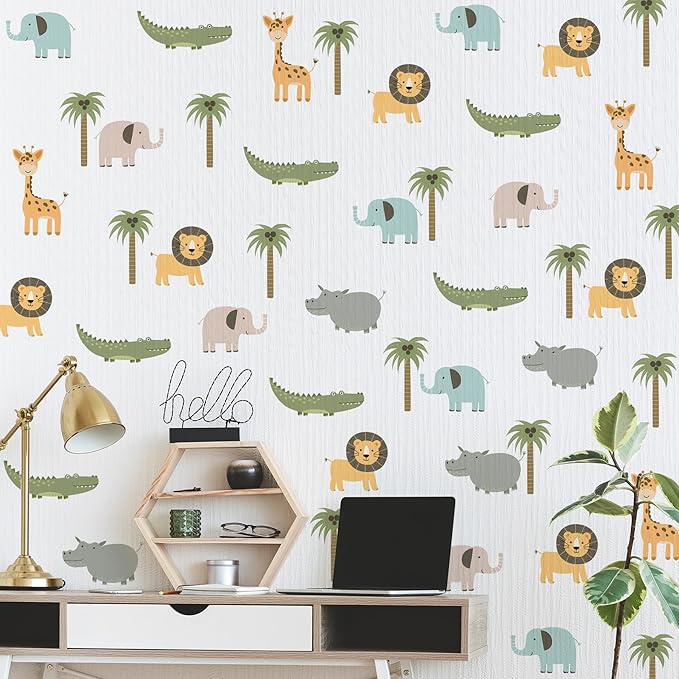 5PCS Cartoon Animal Wall Decal Removable DIY Elephant Hippopotamus Giraffe Lion Crocodile Wall Decal Peel and Stick Coconut Tree Wall Art for Baby Nursery Bedroom Living Room Playroom Decor (A)