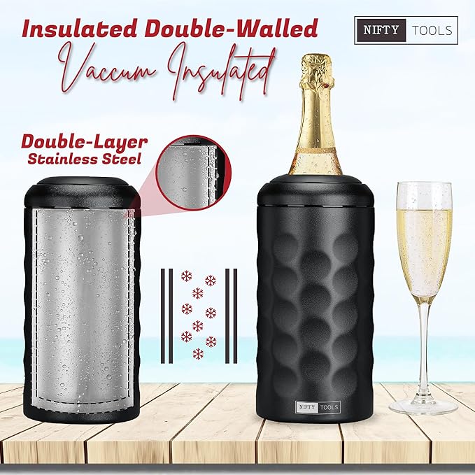 Portable Double Wall Insulated Vacuum Stainless Steel Wine Champagne Bottle Chiller gift set w/two tumblers (Black)