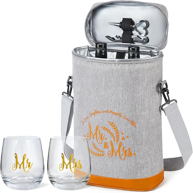 Cool Bridal Shower Gifts,Anniversary Wedding Gifts,Engagement Gifts for Couples 2024,Mr and Mrs Gifts - Insulated Wine Cooler Bag with Wine Glasses,Married Gifts for Newlyweds,Newly Engaged Couples
