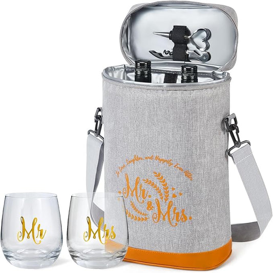 Cool Bridal Shower Gifts,Anniversary Wedding Gifts,Engagement Gifts for Couples 2024,Mr and Mrs Gifts - Insulated Wine Cooler Bag with Wine Glasses,Married Gifts for Newlyweds,Newly Engaged Couples