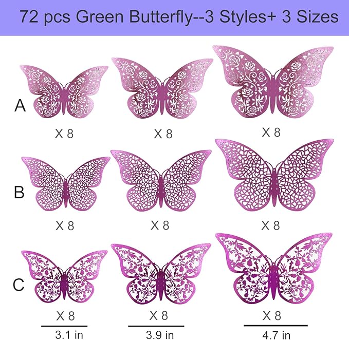 72Pcs 3D Butterfly Wall Decor 3 Sizes 3 Styles, Removable Butterfly Stickers Wall Decals, Butterfly Decorations Party Birthday Cake Decoration for Kids Nursery Wedding Bedroom Room(Purple)