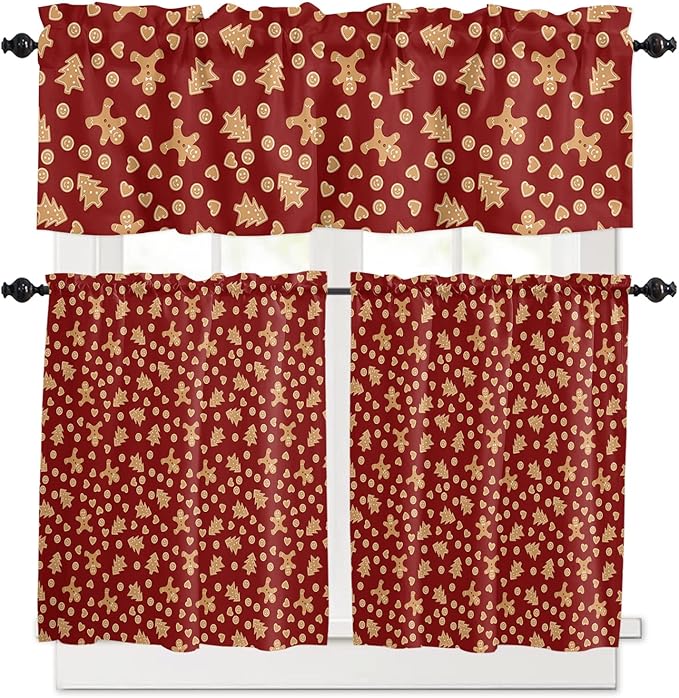 Christmas Valance Kitchen Curtains Set,Red Merry Christmas Gingerbread Man Cookies Window Treatments Tiers,Winter Holiday Decor Short Window Curtain Panels for Bedroom/ Living Room,54x24 in,3-Piece