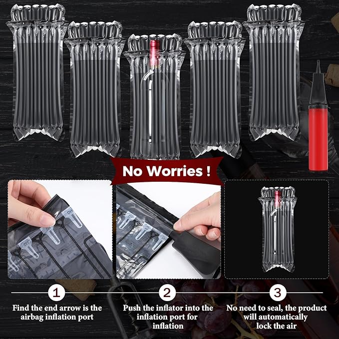 Frienda 50 Pcs Black Inflatable Wine Bottle Travel Protector Bags Reusable Air Column Wine Travel Inflatable Bag with Pump Wine Shipping Sleeves Wine Packing for Glass Bottles Airplane Transportation