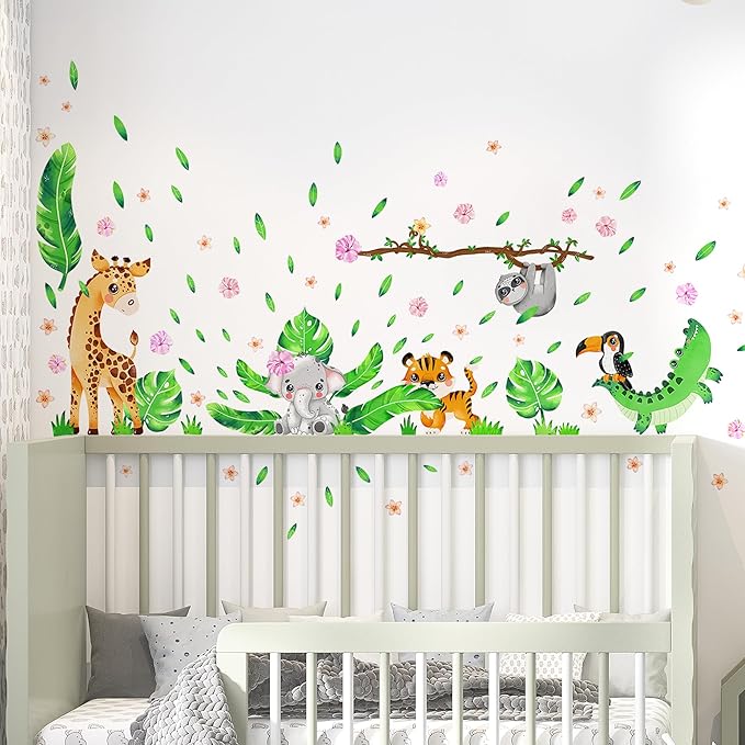 Safari Animal Wall Decals for Kids by Lipastick - Jungle Animal Wall Stickers for Kids Baby Girl Boy Room - Creative Nursery Vinyl Wall Decal - Elephant Giraffe Crocodile Parrot Koala S Size