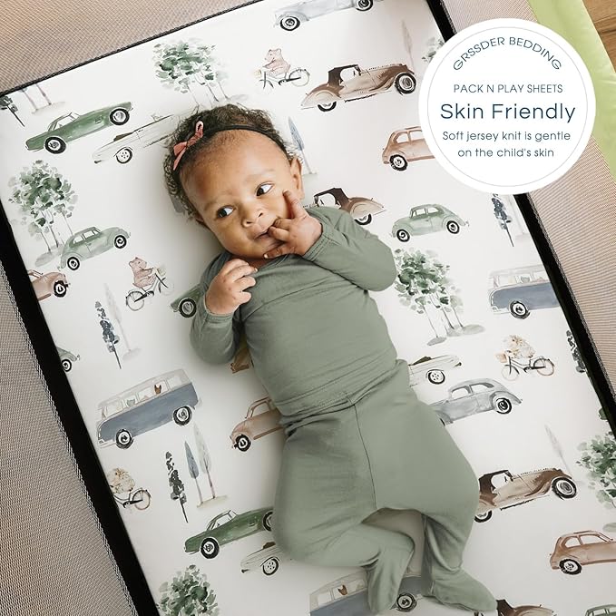 GRSSDER Pack n Play Sheets Fitted 2 Pack, Stretchy Ultra Soft Jersey Knit Pack and Play Sheets, Universal Fitted Portable/Mini Crib Mattresses Snug and Safe, Neutral Pattern of Cars Print