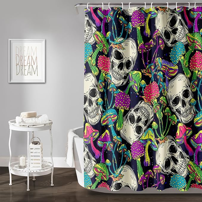 AILONEN Skull Shower Curtain for Bathroom,Mushroom Skull Bath Curtain Decoration,Fantasy Fungus Skeleton Print Waterproof Black Curtain with 12 Plastic Hooks, 72" W*96" H