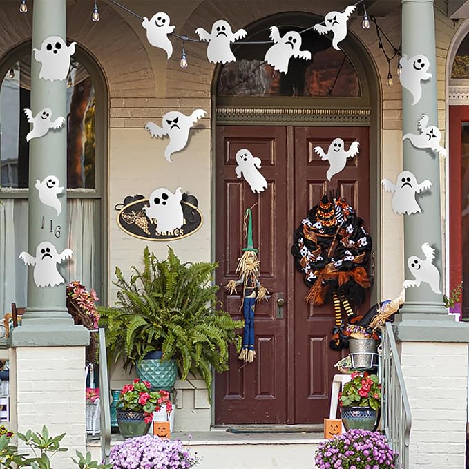 Halloween Wall Stickers 21Pcs Ghost Wall Decor 3D Self Adhesive Halloween Wall Decals Cute White Ghost Wall Decorations Reusable Window Stickers for Halloween Party Home Room Art DIY Accessories