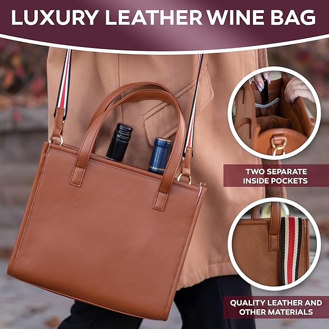FIORI & ROSSI PU Leather Wine Bottle Carrier Bag - Insulated Wine Bag to Store & Carry up to 3 Bottles for Travel, Picnics & Parties - Wine Tote Bag Buckle & Zipper Closure Sleeve Dividers - Brown