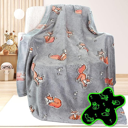 Fox Gifts Toys for Kids Boys Baby- Glow in The Dark Blanket Fox Presents for Birthday Fox Decor Age 12 3 4 5 6 7 8 9 10 Years Old Toddler