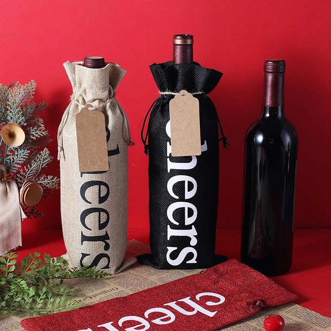 SIRIPHUM Burlap Wine Bags and Gift Tags, Wine Bottle Gift Bags with Drawstrings,Wine Bags Gift for Travel, Wedding, Holiday Party,Birthdays,Housewarming and Dinner Party (Black-12PCS)