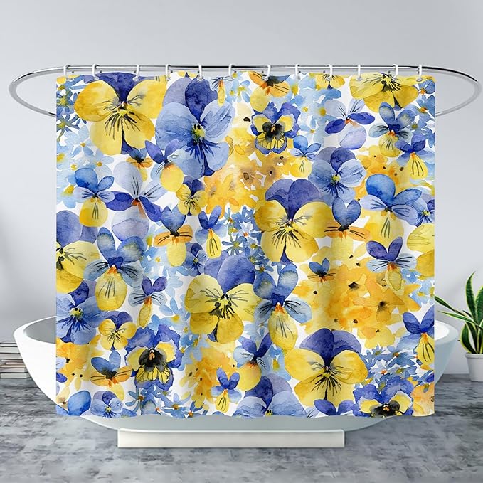 AILONEN Watercolor Flowers Shower Curtain,Purple and Yellow Flowers Theme Waterproof Fabric Shower Curtain for Girls Kids Teens, 48" W*72" H Patchwork Flower Shower Curtain Sets