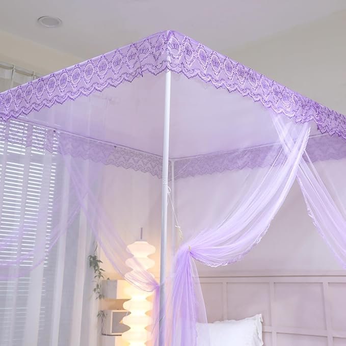 Bed Canopy, Princess Bed Curtain Net for Girls & Adults，Three-Doors Rectangle Lace Dome Netting (Purple, King)