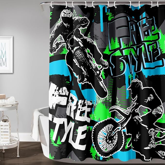 AILONEN Boys Motocross Hip Hop Shower Curtain,Dirt Bike Racer Waterproof Bath Curtain,Motorcycle Sport Curtain for Kids Men,Colorful Cartoon Shower Curtain 72" W x 84" H