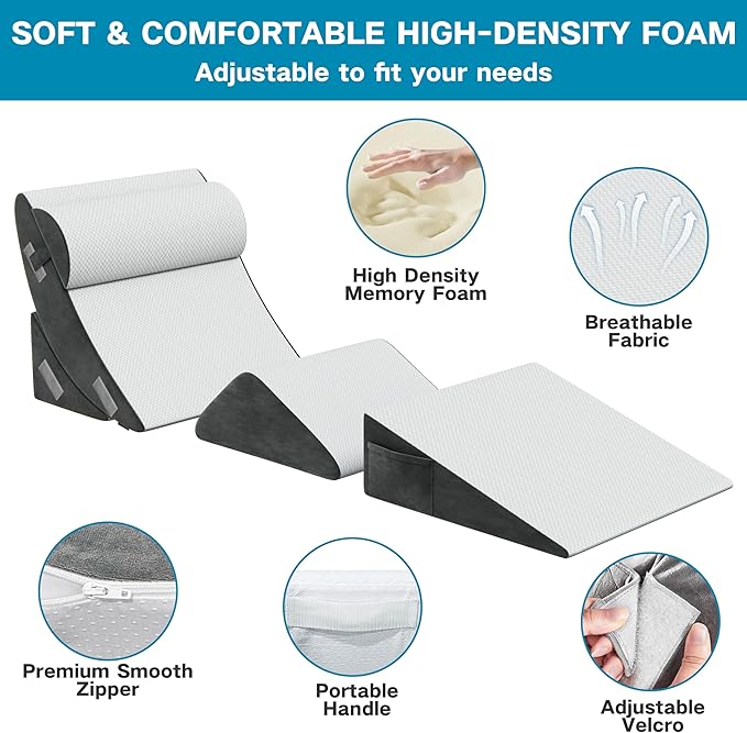 Orthopedic Bed Wedge Pillow Set, 4Pcs Wedge Pillow for Sleeping, Adjustable Incline Elevated Memory Foam Wedge Pillow for Post Surgery, Snoring, Back, Leg Pain, Acid Reflux Relief