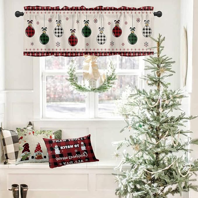 Christmas Valance Kitchen Curtains for Windows, Vintage Buffalo Plaid Christmas Balls Rod Pocket Valances Window Treatments Farmhouse Short Curtains For Bedroom/ Living Room, 54" X 18" -1 Panel