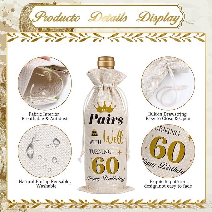 Wxiben 60th Birthday Wine Bags - 1pcs 1964 Wine Gifts for Women Men Burlap Back in 1964 Wine Gift Bag Over the Hill 60th Birthday Party Decorations for Her Him Friend Sisters Mom Wine Bottle Bag