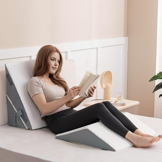 3PCS Bed Wedge Pillow Set - Memory Foam Adjustable 8&12'' Folding Triangle Pillow for Leg Knee Support Sleep Apnea Back Pain Relief Acid Reflux Snoring Sitting Up Rest Post Surgery Recovery