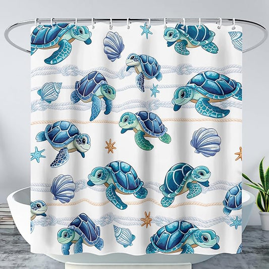 AILONEN Cute Sea Turtle Shower Curtain Set for Bathroom,Cartoon Turtle with Cowry Bath Curtain,Kawaii Ocean Animal Theme Waterproof Fabric Shower Curtain with Hooks,60" W*72" H