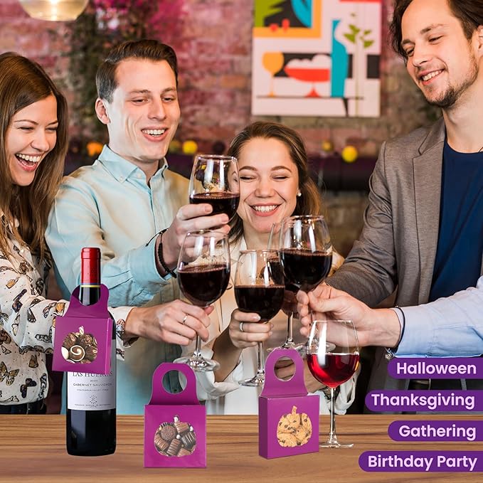 Megitzuu 30PCS Wine Bottle Box with Window, Kraft Paper Wine Boxes for Halloween Gifts Hanging Pumpkin Treat Box Mini Charcuterie Boxes Wine Bottles Gift Bags Goodies Candy Box Party Favor (Purple)