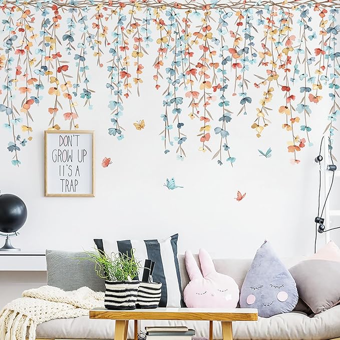 Multicolor Plants Flower Butterfly Wall Decals Garden Flower Vine Wall Corner Stickers Window Clings Bedroom Living Room Kitchen Decor