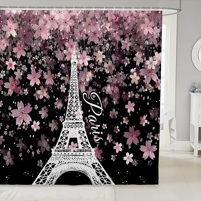 Feelyou Cherry Blossoms Shower Curtain 72"x84" Kids Eiffel Tower Bathroom Shower Curtain Set for Boys Girls Teens Romantic Paris Bath Curtain Floral Botanical Bathroom Accessories