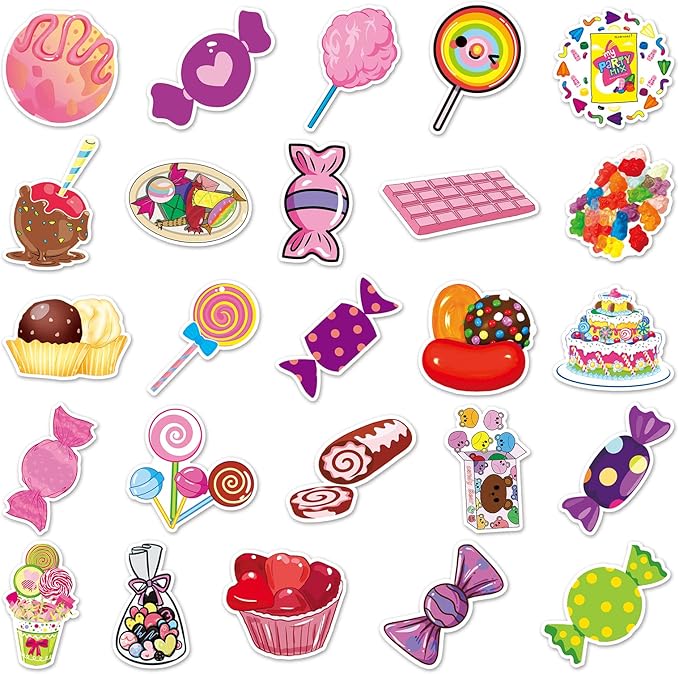 50pcs Cartoon Waterproof Stickers for Laptop, Phone, Bottle, Suitcase, Scrapbook, Candy Stickers,Ice Cream Candy,Cute Food Stickers,Kawaii Stickers,Cookie Stickers (Stickers F)