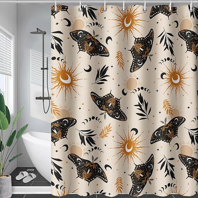AILONEN Moth Shower Curtain,Sun and Moon Death Moth Bath Curtain for Bathroom Decor,Polyester Waterproof with 12 Plastic Hooks 72" W*84" H