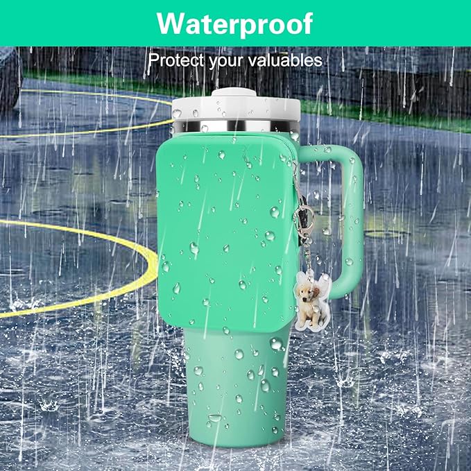 Water Bottle Pouch for Stanley Tumbler,Silicone Waterproof Fanny Pack for Stanley Cup 30/40oz Universal,Large Capacity Durable Tumbler Pouch-Mint Green