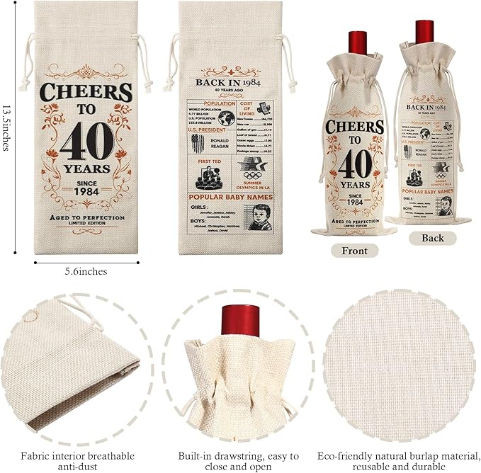 SpringWhisper 40th Birthday Gifts for Women Men Back in 1984 Birthday Gift 40 Years Old Gift Birthday Decoration Wine Bag Gift for Her Him Wine Gift Bag 40th Turning 40