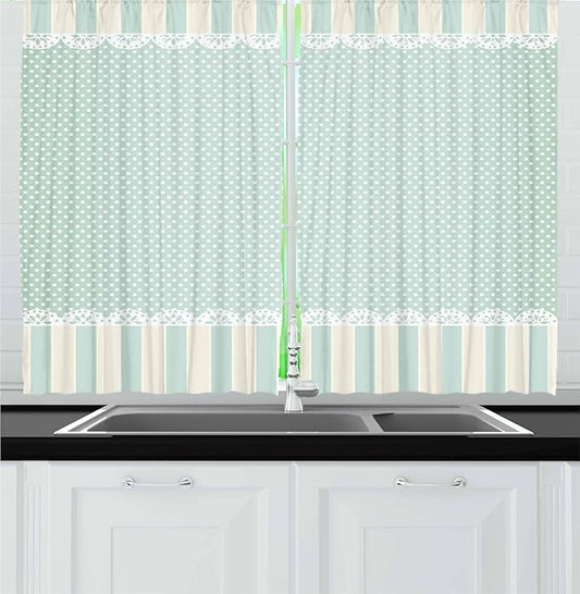 Ambesonne Shabby Flora Kitchen Curtains, Traditional Old Fashioned Vertical Stripes Ornaments and Dots, Window Drapes 2 Panel Set for Kitchen Cafe Decor, 55" x 30", Green White