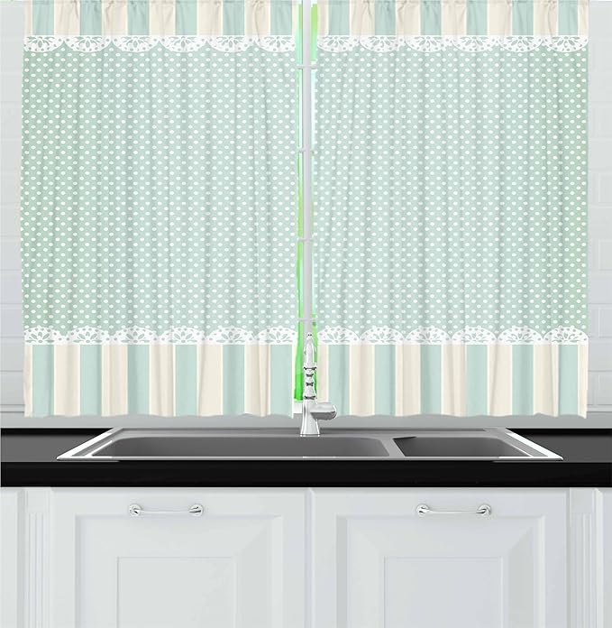 Ambesonne Shabby Flora Kitchen Curtains, Traditional Old Fashioned Vertical Stripes Ornaments and Dots, Window Drapes 2 Panel Set for Kitchen Cafe Decor, 55" x 24", Green White