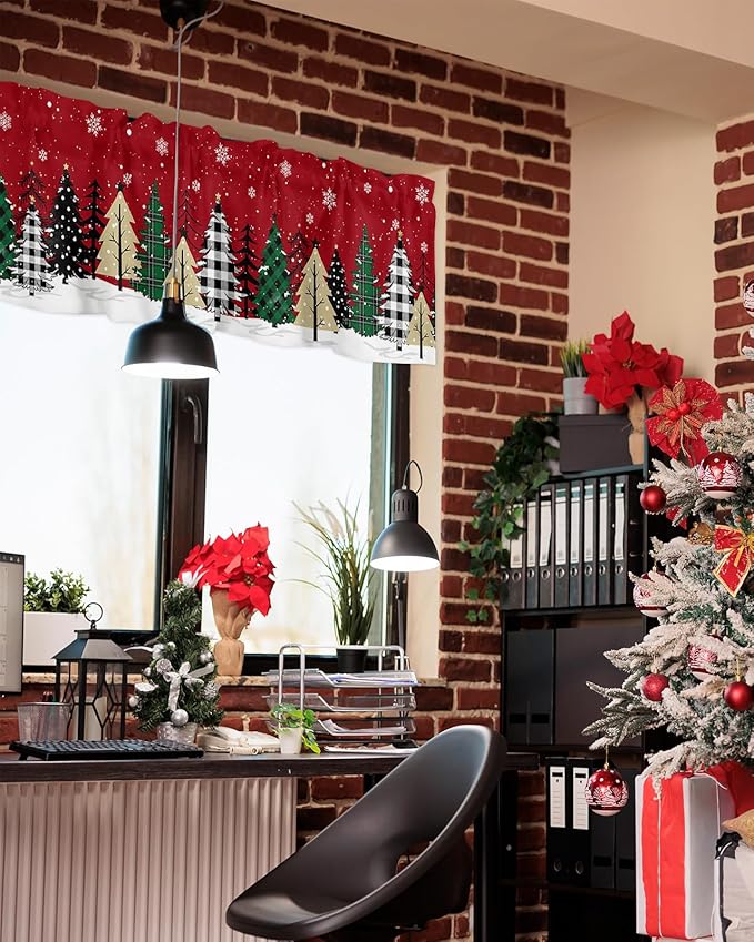 Red Merry Christmas Valance Curtains for Kitchen Windows Green Christmas Tree Rod Pocket Window Treatment Toppers for Kitchen/Living Room/Bedroom/Bathroom, 60" X 18", White Snow Forest Winter