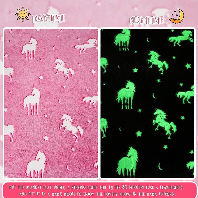 BORORO Glow in The Dark Blanket Unicorns Gifts for Girls Kids Blankets for Birthday Halloween Christmas Valentines Gifts