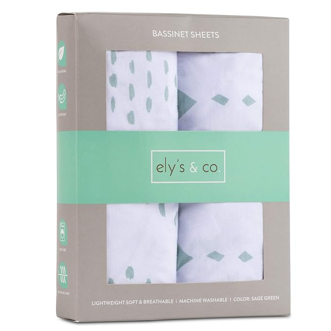 Bassinet Sheets Fitted Cover - Flexible Fit 100% Soft Jersey Knit Cotton - Neutral Grey Sage Diamond - 2 Pack Set