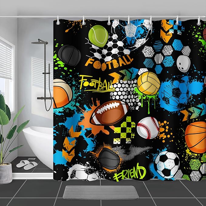 AILONEN Graffiti Sport Shower Curtain,Boys Graffiti Basketball Football Baseball Rugby Sport Bath Curtain Minimalist Bathroom Curtain 72" W*78" H Polyester Waterproof Bathroom Curtain with 12 Hooks