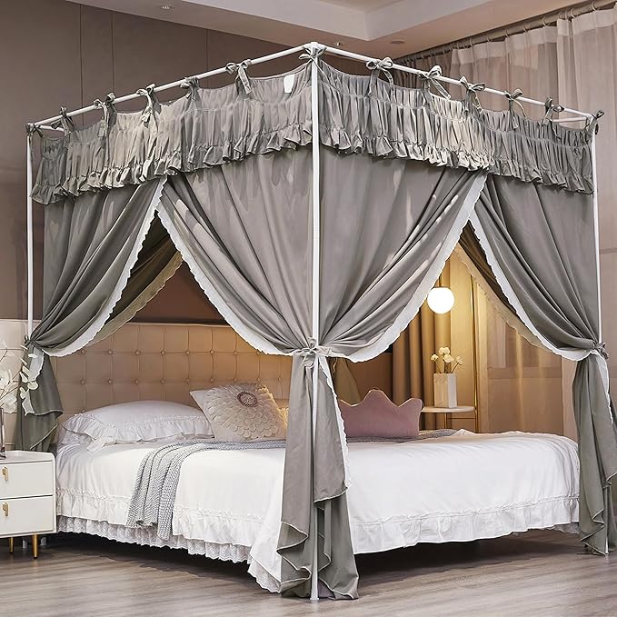 Ruffle Lace up 4 Corners Post Princess Curtain Bed Canopy Cozy Breathable Mosquito Net Cloth for Girls Adults Bedroom Decoration (Grey, 59" W*82" L*82" H/Queen)