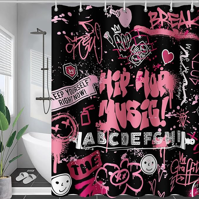 AILONEN Black Pink Graffiti Shower Curtains for Teens Girls,Hip-Hop Music Bath Shower for Bathroom,Polyester Waterproof with 12 Hooks,36" W*72" H Black Pink