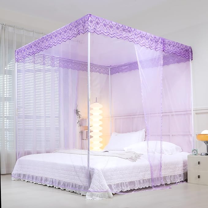 Bed Canopy, Princess Bed Curtain Net for Girls & Adults，Three-Doors Rectangle Lace Dome Netting (Purple, King)